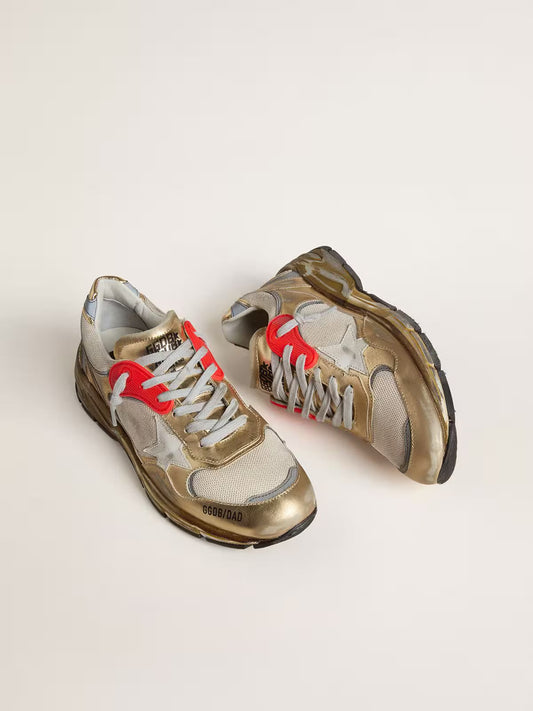Dad-Star pour femme en résille et cuir lamé doré avec étoile en cuir blanc