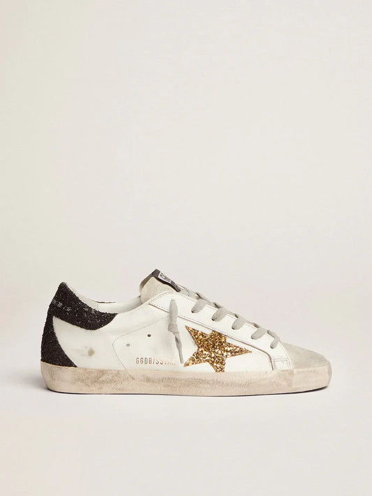 Super-Star femme en cuir nappa avec étoile à paillettes dorées et contrefort à paillettes noires