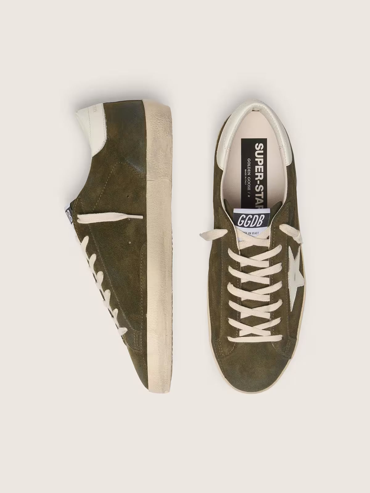 Super-Star homme en cuir velours vert olive avec étoile en cuir blanc