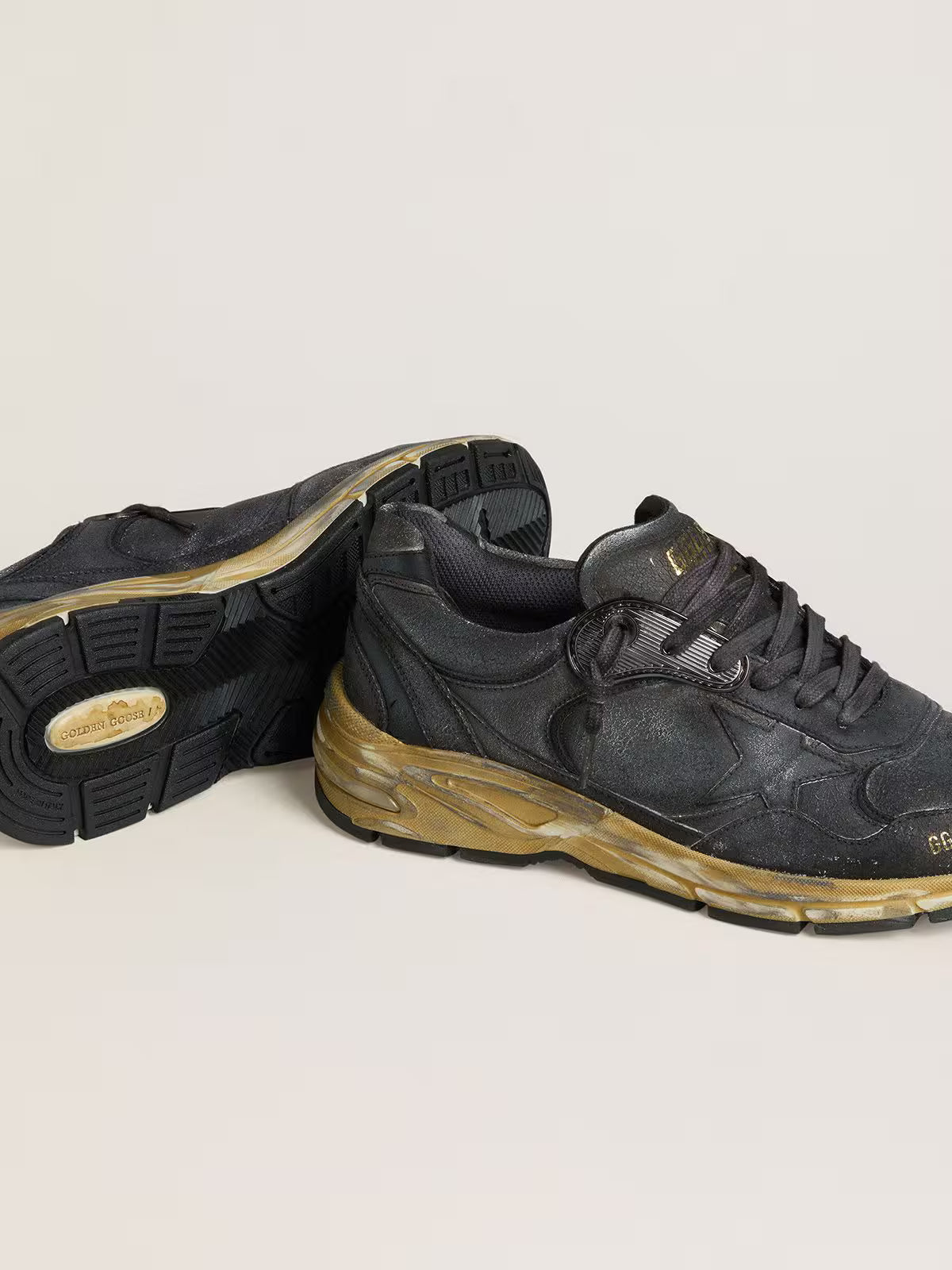 Dad-Star pour homme en cuir craquelé et cuir naplak noirs avec étoile et contrefort noirs
