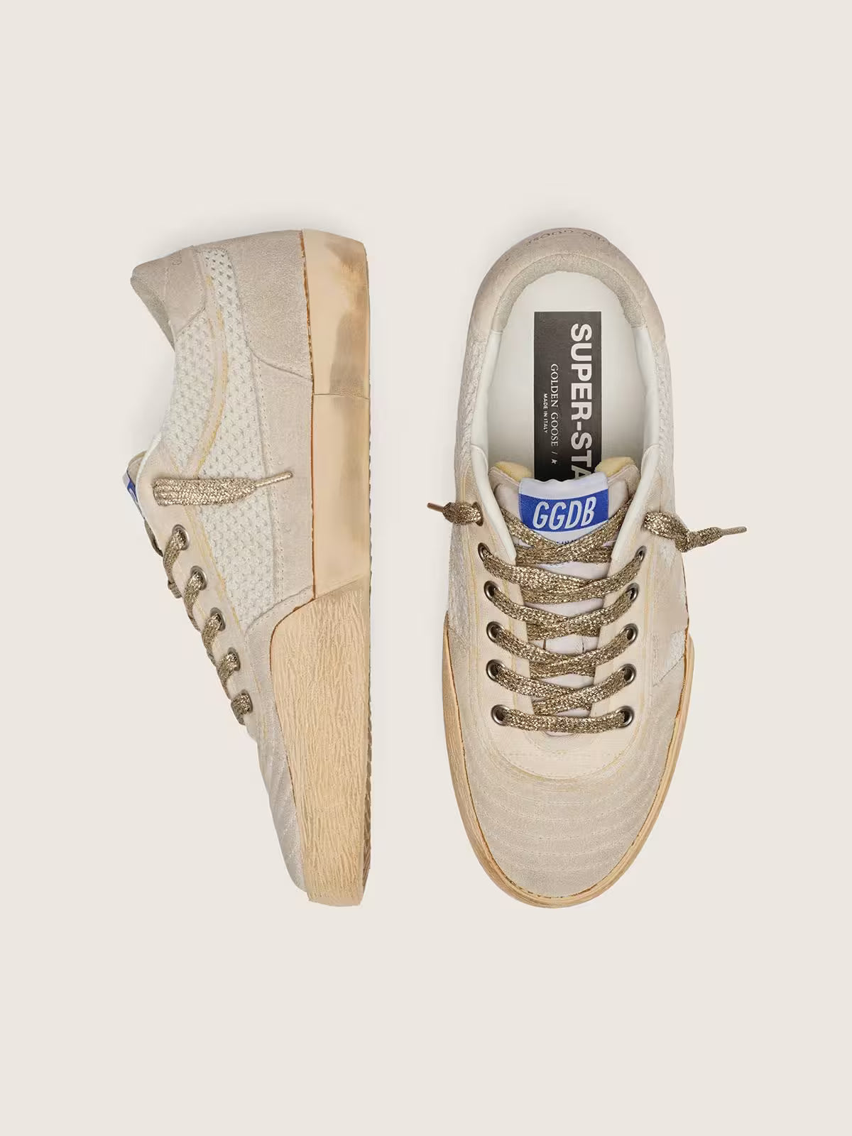 Super-Star LAB pour homme en résille et cuir velours blanc et beige