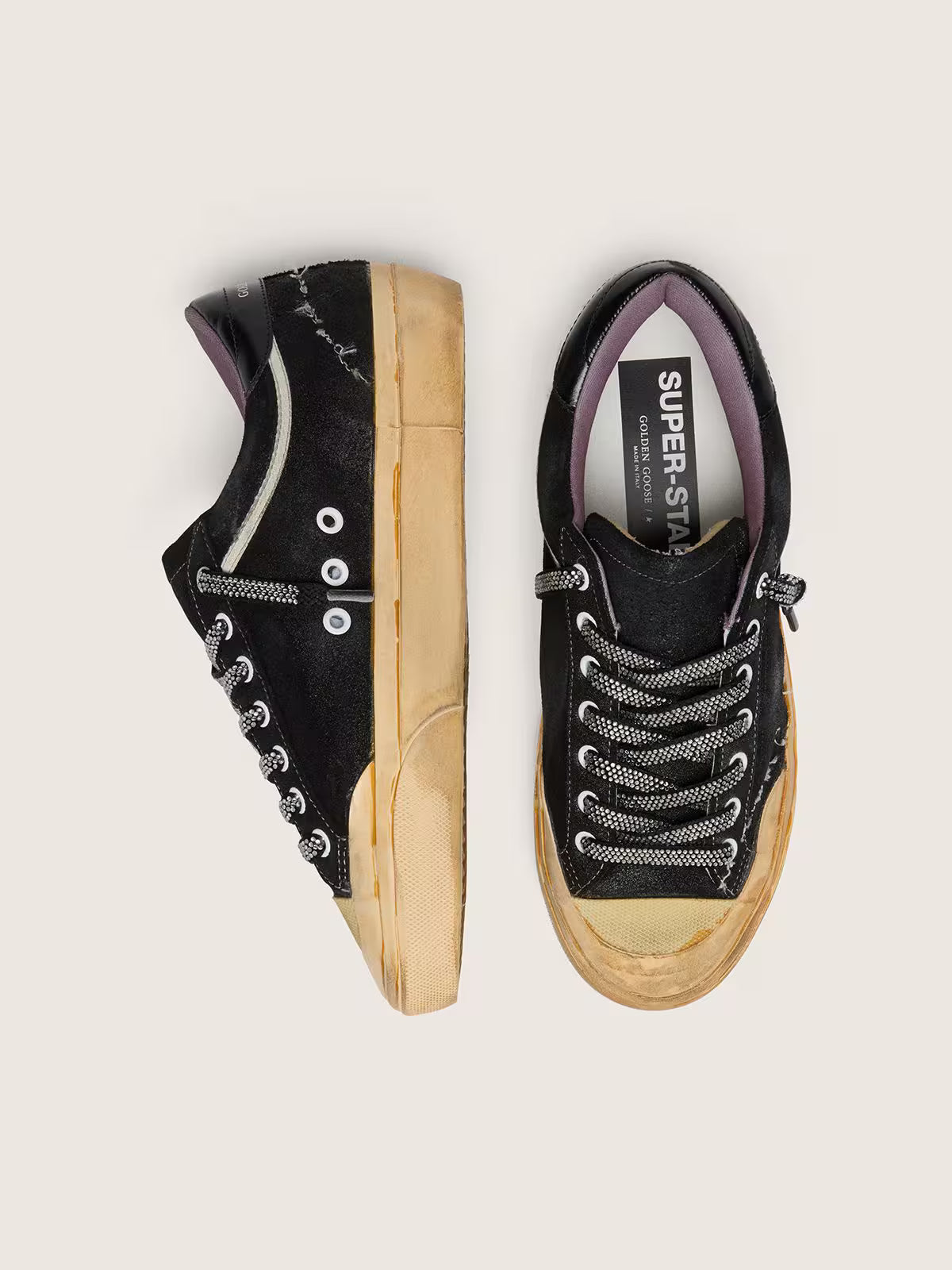 Super-Star LAB pour homme en cuir velours lamé noir et nylon avec étoile en relief et lacets avec cristaux