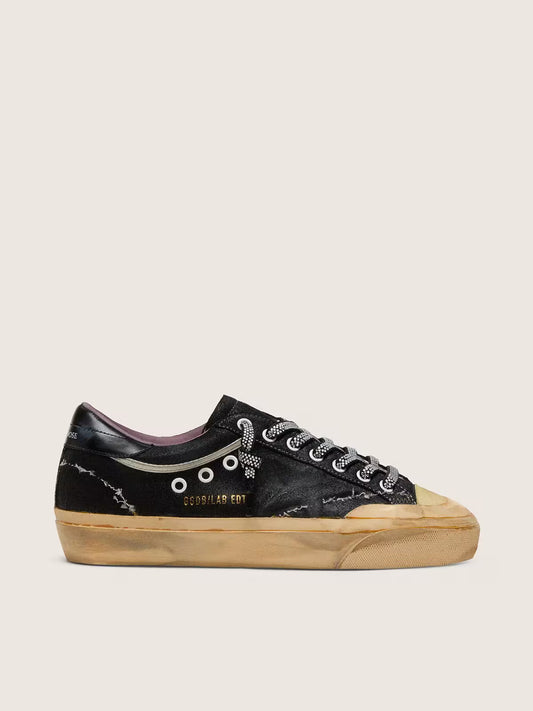 Super-Star LAB pour homme en cuir velours lamé noir et nylon avec étoile en relief et lacets avec cristaux