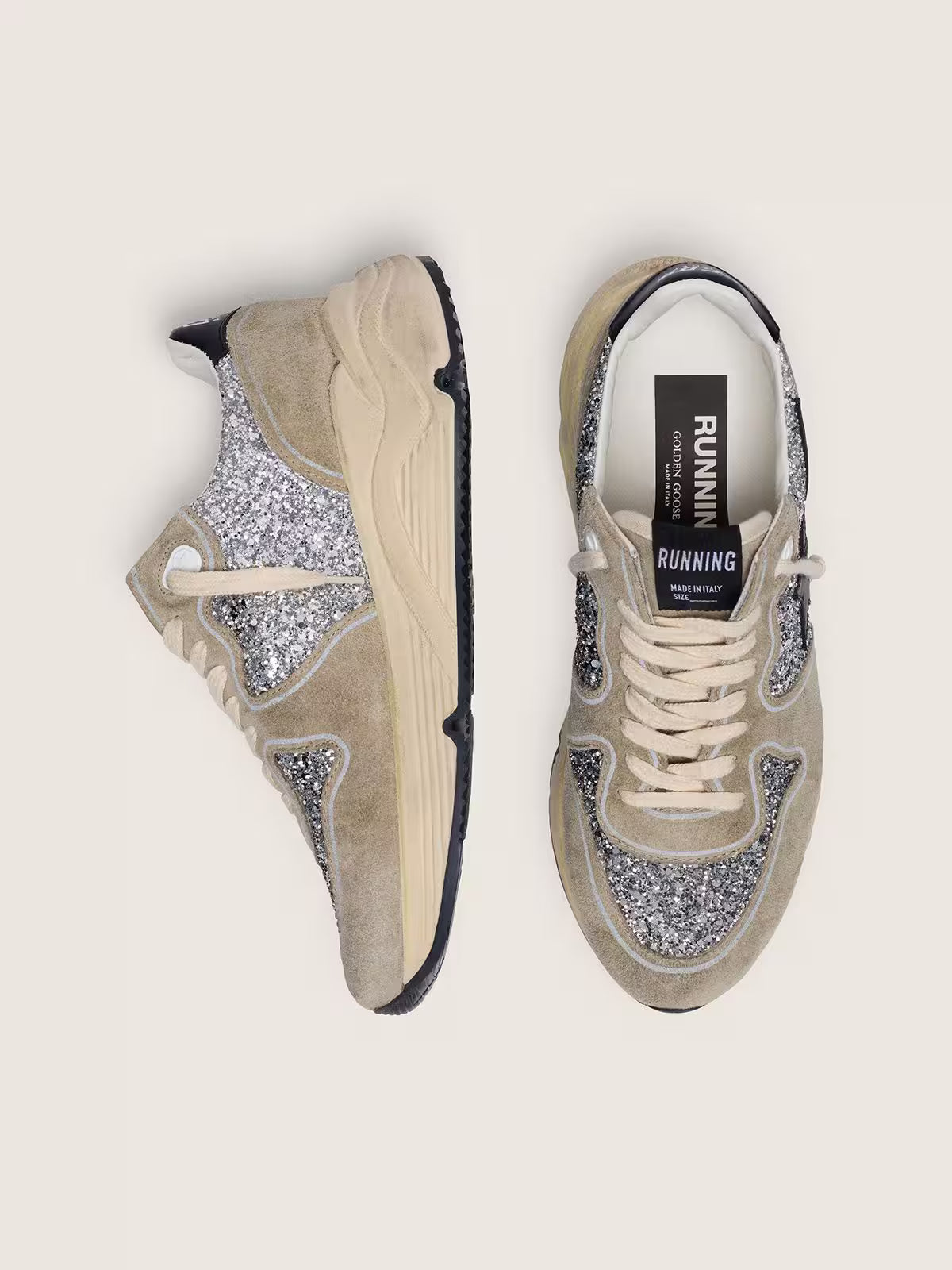 Running Sole femme à paillettes argentées et en daim gris tourterelle