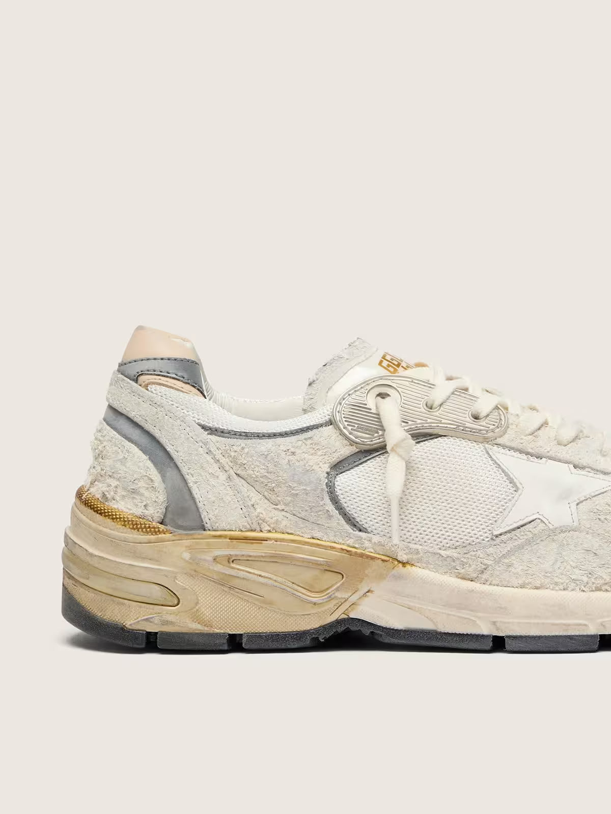 Dad-Star pour femme en cuir velours et résille avec étoile en cuir blanc et contrefort en cuir beige