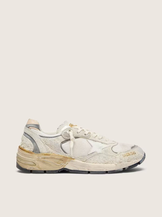 Dad-Star pour femme en cuir velours et résille avec étoile en cuir blanc et contrefort en cuir beige