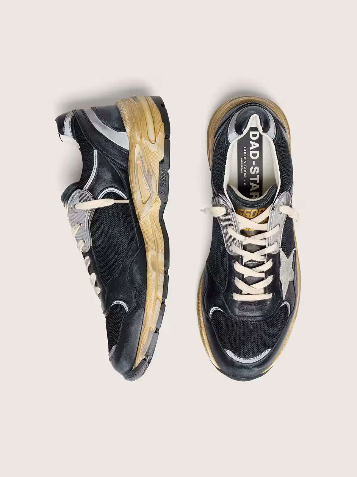 Dad-Star femme en résille et cuir nappa noir et argent avec étoile grise
