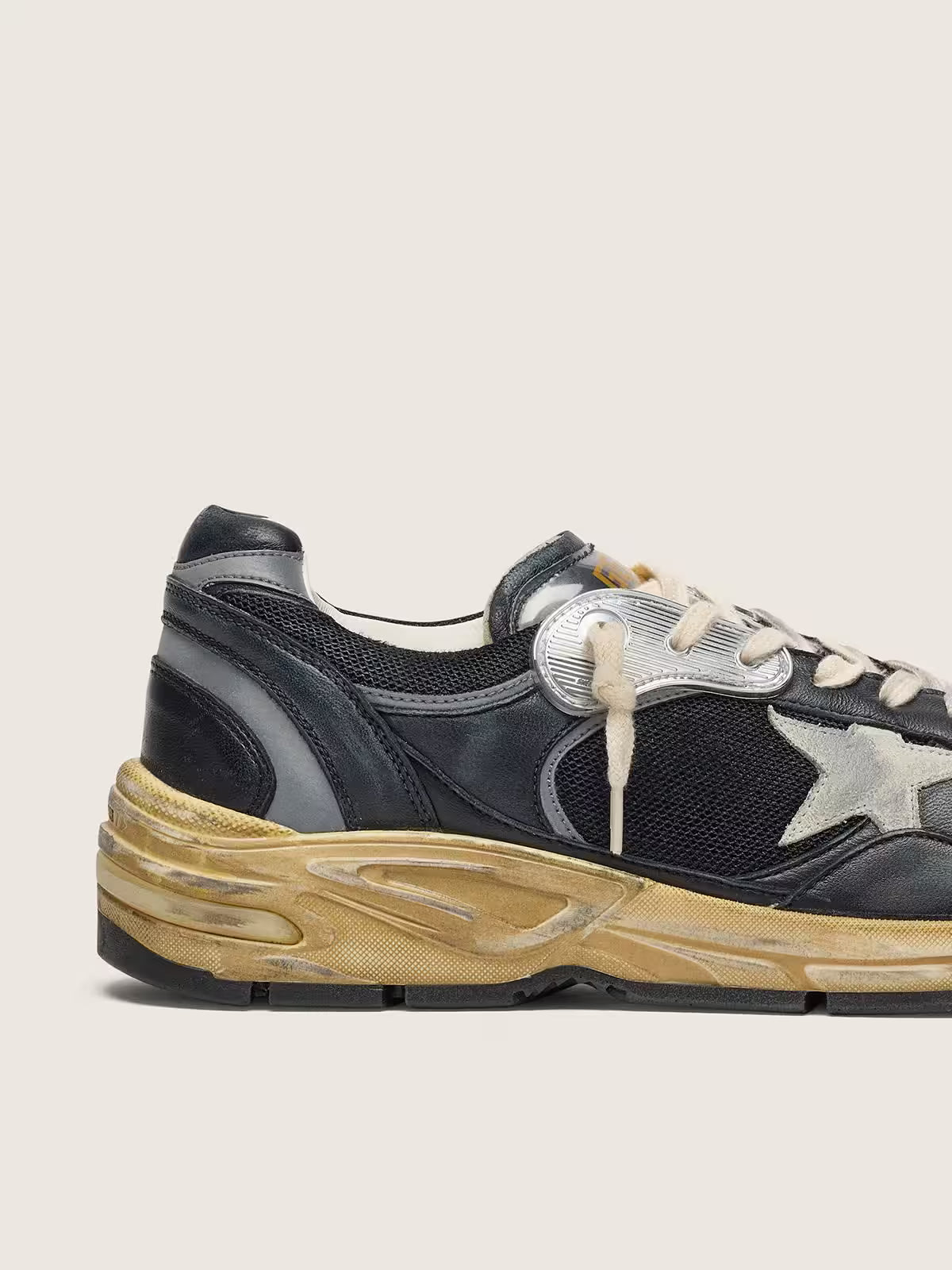 Dad-Star femme en résille et cuir nappa noir et argent avec étoile grise