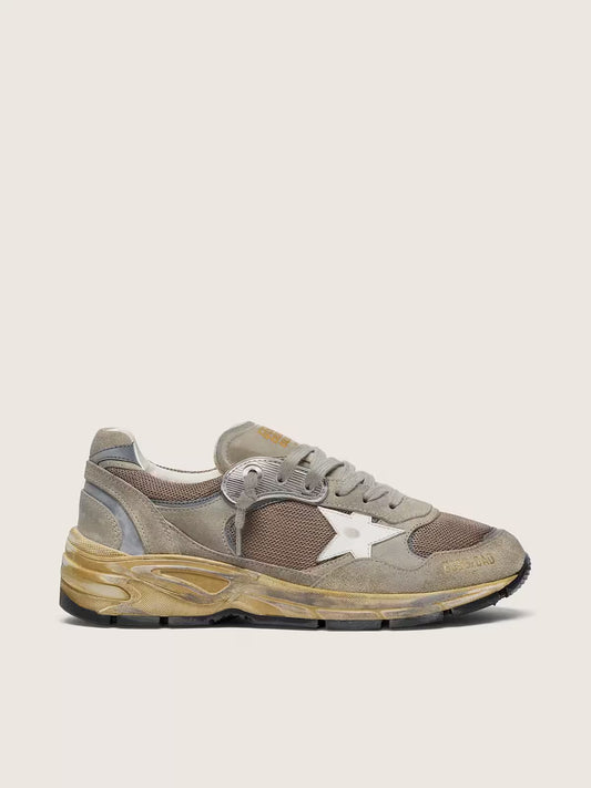 Dad-Star pour femme en cuir velours gris tourterelle et résille argentée avec étoile en cuir blanc et contrefort en cuir velours